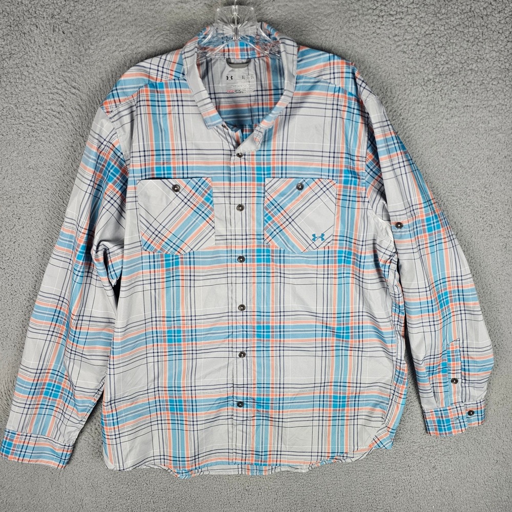 Under Armour Shirt Mens XL Fishing Plaid HeatGear Roll Tab Long Sleeve Button Up